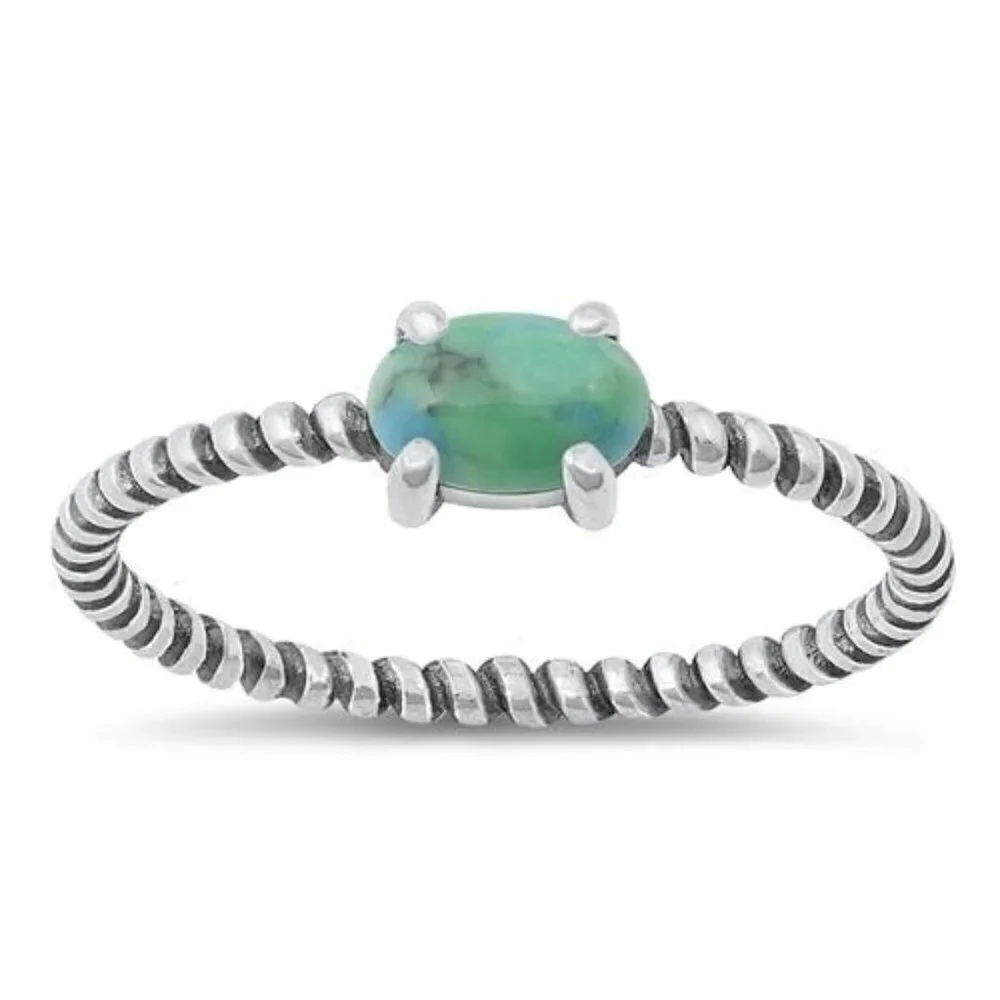 Sterling Silver 925 Minimalist Prong Set Turquoise Twisted Rope Band Ring Sz 8